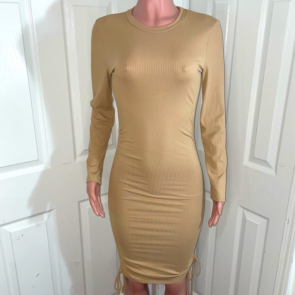 Ribbed Drawstring Stretch Midi Dress